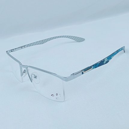Semi-Rimless Eyeglass Frame – Silver Finish with Carbon Fiber Pattern Temples