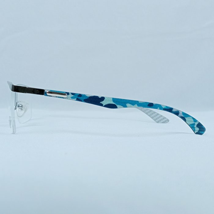 Semi-Rimless Eyeglass Frame – Silver Finish with Carbon Fiber Pattern Temples - Image 3