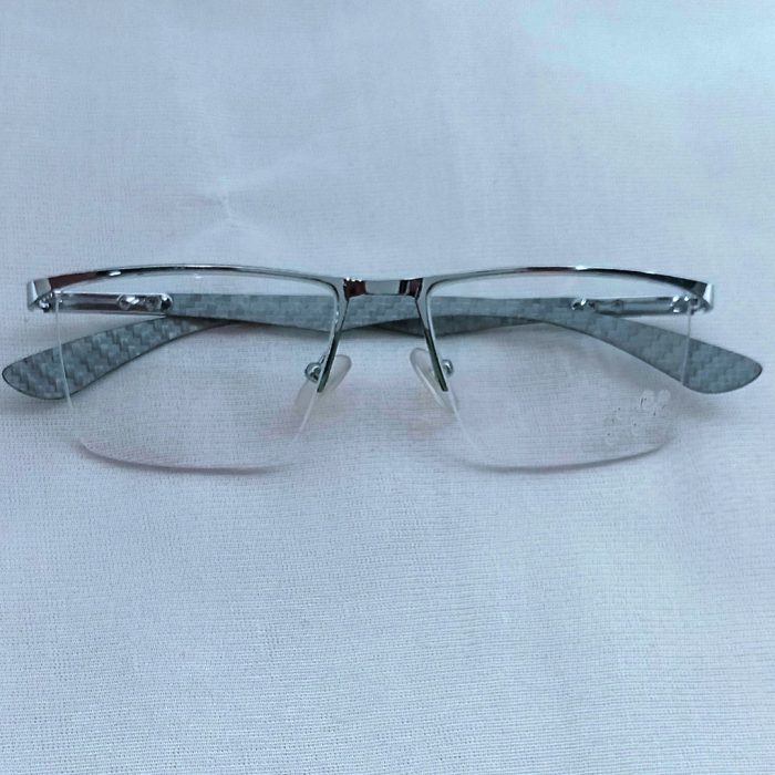 Semi-Rimless Eyeglass Frame – Silver Finish with Carbon Fiber Pattern Temples - Image 2
