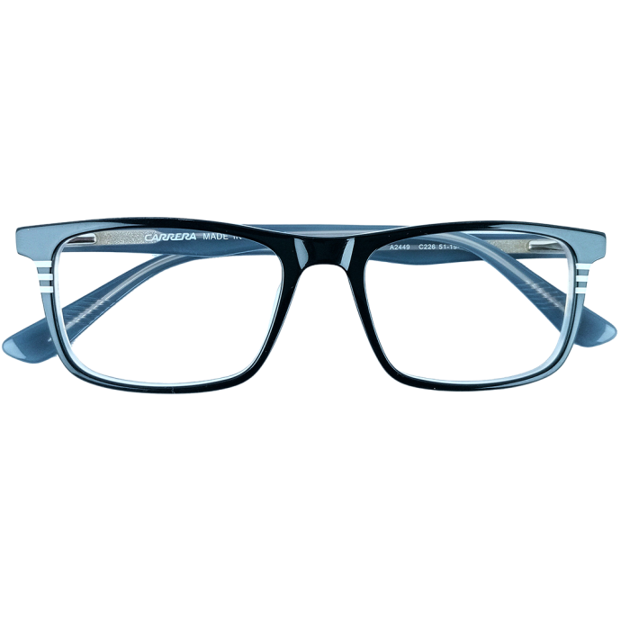 Carrera Style Eyeglass Frame – Blue Glossy Acetate with Signature Stripes - Image 3