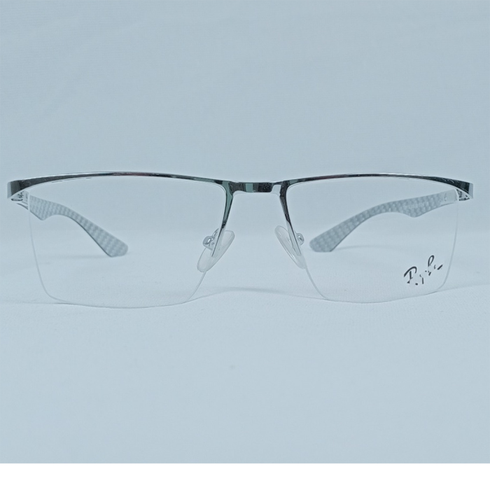 Semi-Rimless Eyeglass Frame – Silver Finish with Carbon Fiber Pattern Temples - Image 4
