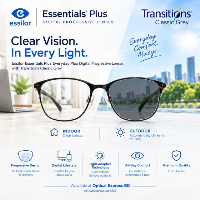At OpticalExpress.com.bd (28) Essilor Essentials Plus Active Plus Digital Progressive Lenses Transitions Classic Grey - Image 1